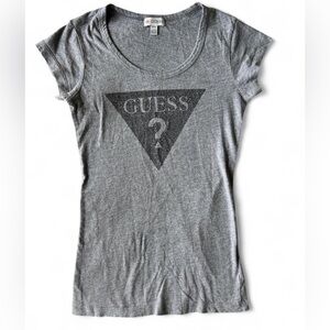 Vintage Y2K Grey Guess Rhinestone Logo T-Shirt Classic Grunge Extra Small